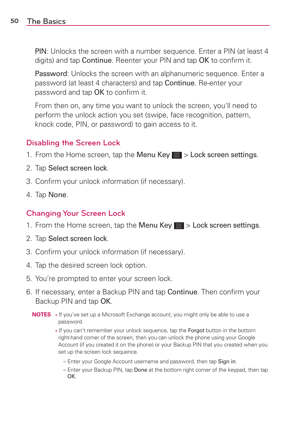 The basics, Disabling the screen lock, Changing your screen lock | LG LGAS876 User Manual | Page 50 / 218