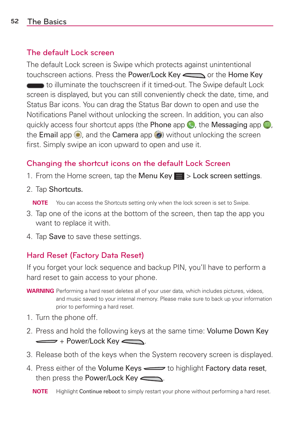 The basics the default lock screen, Hard reset (factory data reset) | LG LGAS876 User Manual | Page 52 / 218