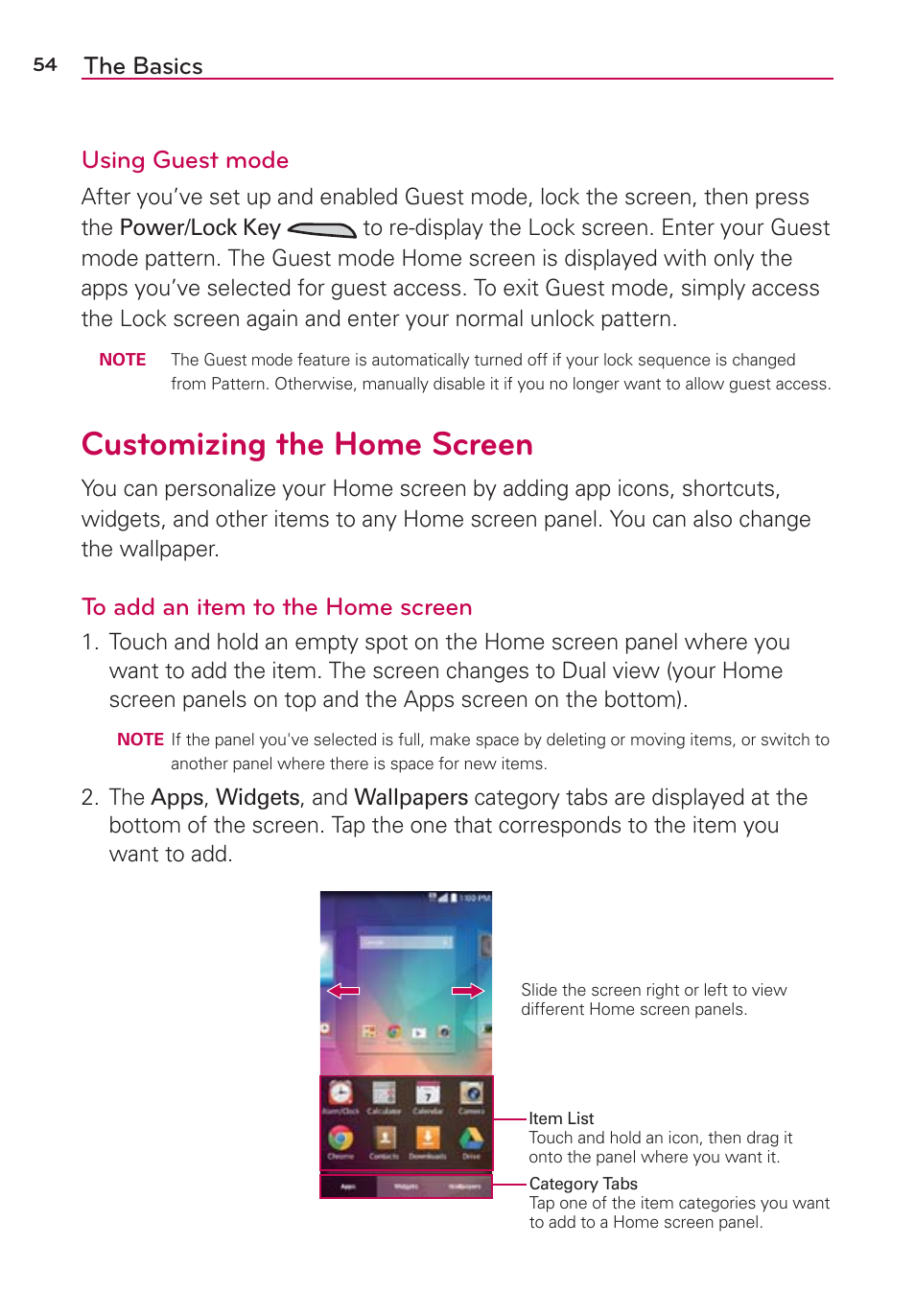 Customizing the home screen, The basics using guest mode | LG LGAS876 User Manual | Page 54 / 218