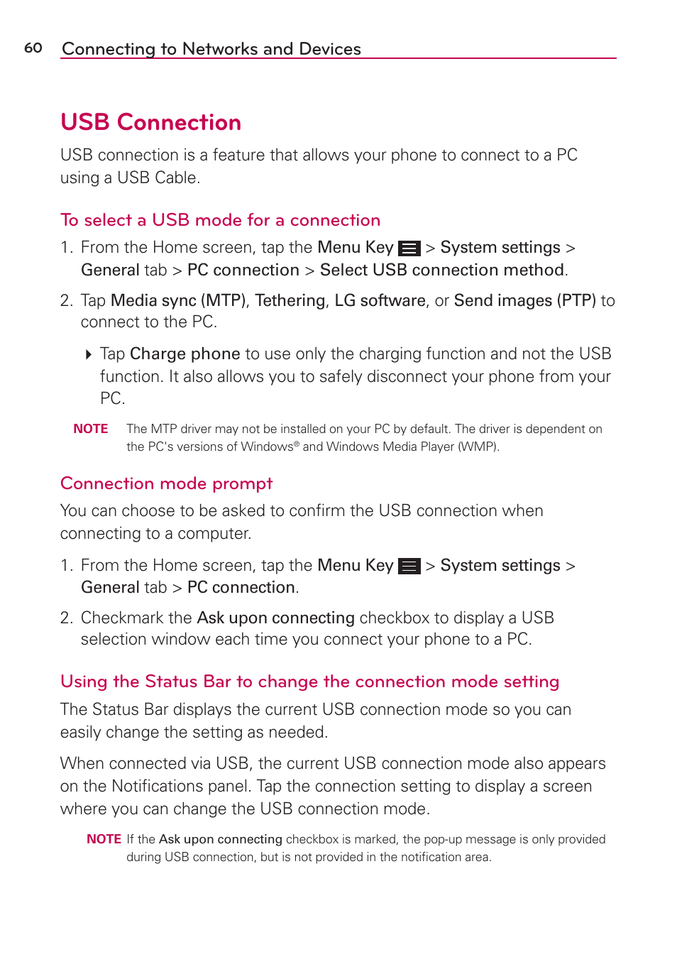 Usb connection, Connecting to networks and devices, Connection mode prompt | LG LGAS876 User Manual | Page 60 / 218