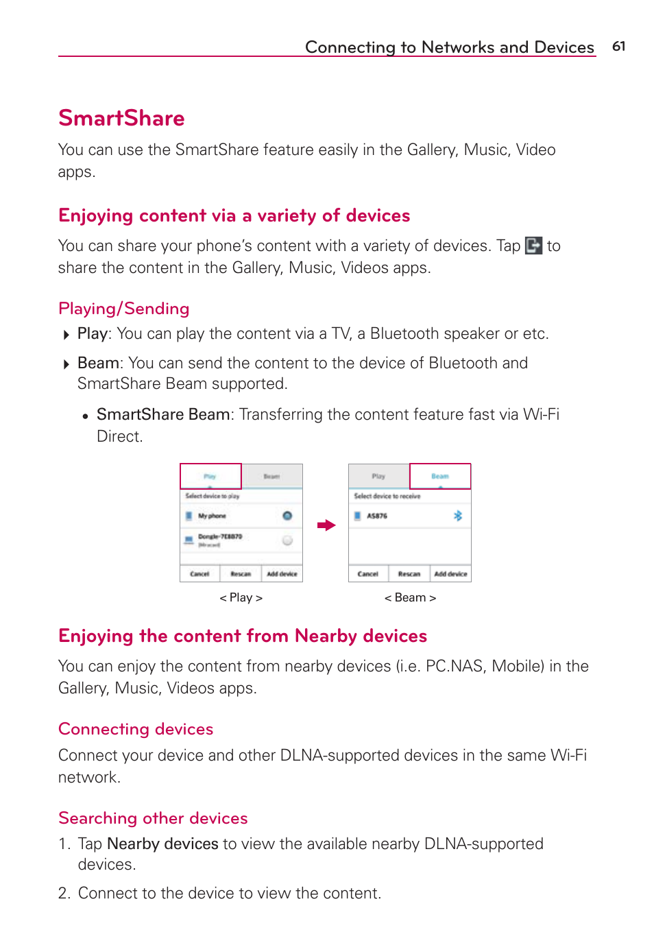 Smartshare, Enjoying content via a variety of devices, Enjoying the content from nearby devices | LG LGAS876 User Manual | Page 61 / 218