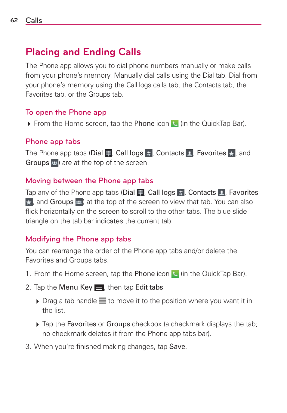 Calls, Placing and ending calls | LG LGAS876 User Manual | Page 62 / 218