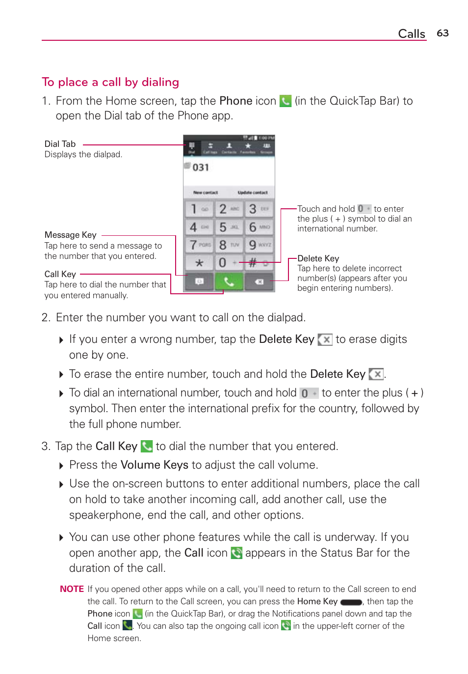 Calls to place a call by dialing | LG LGAS876 User Manual | Page 63 / 218