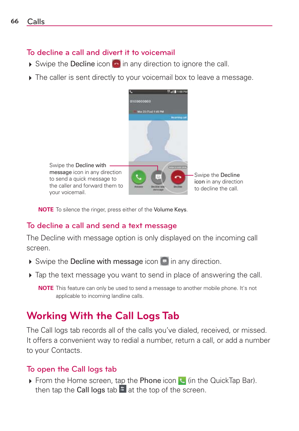 Working with the call logs tab, Calls to decline a call and divert it to voicemail | LG LGAS876 User Manual | Page 66 / 218