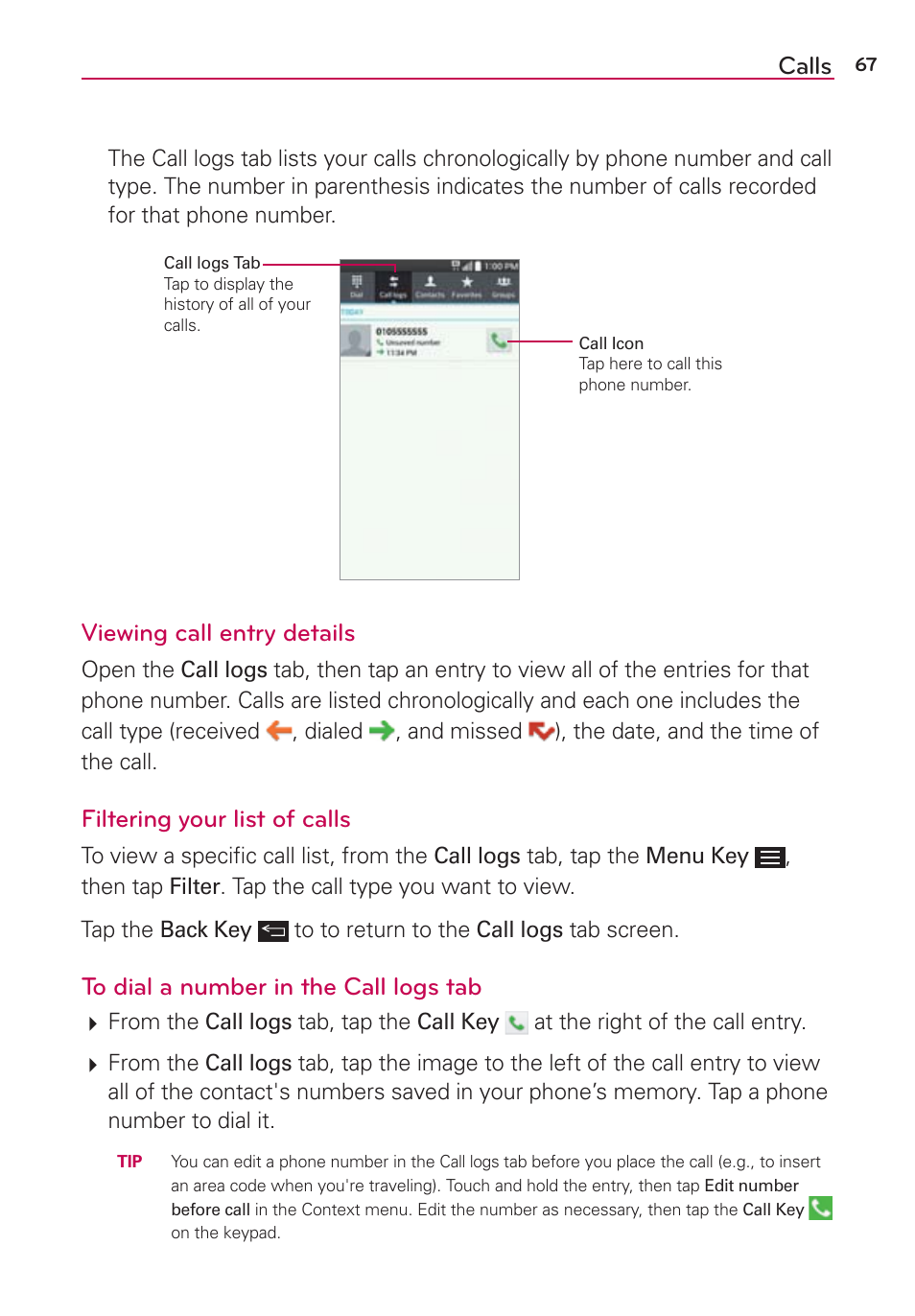 Calls, Viewing call entry details, Filtering your list of calls | LG LGAS876 User Manual | Page 67 / 218