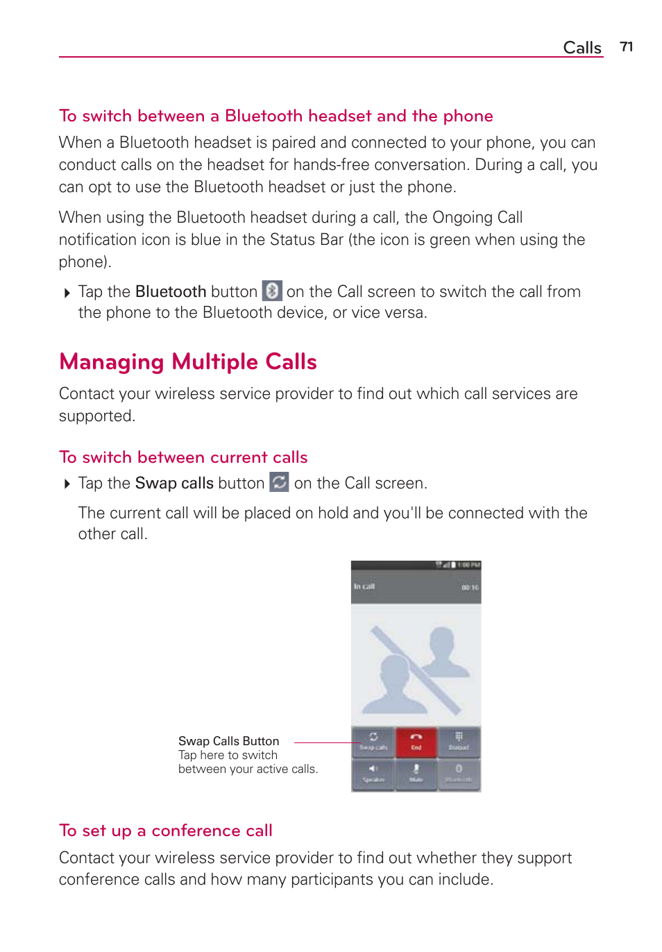 Managing multiple calls | LG LGAS876 User Manual | Page 71 / 218