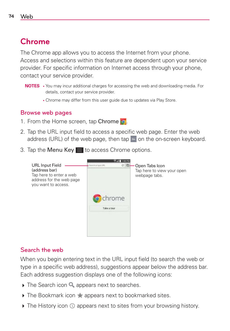 Chrome, Browse web pages, Search the web | LG LGAS876 User Manual | Page 74 / 218