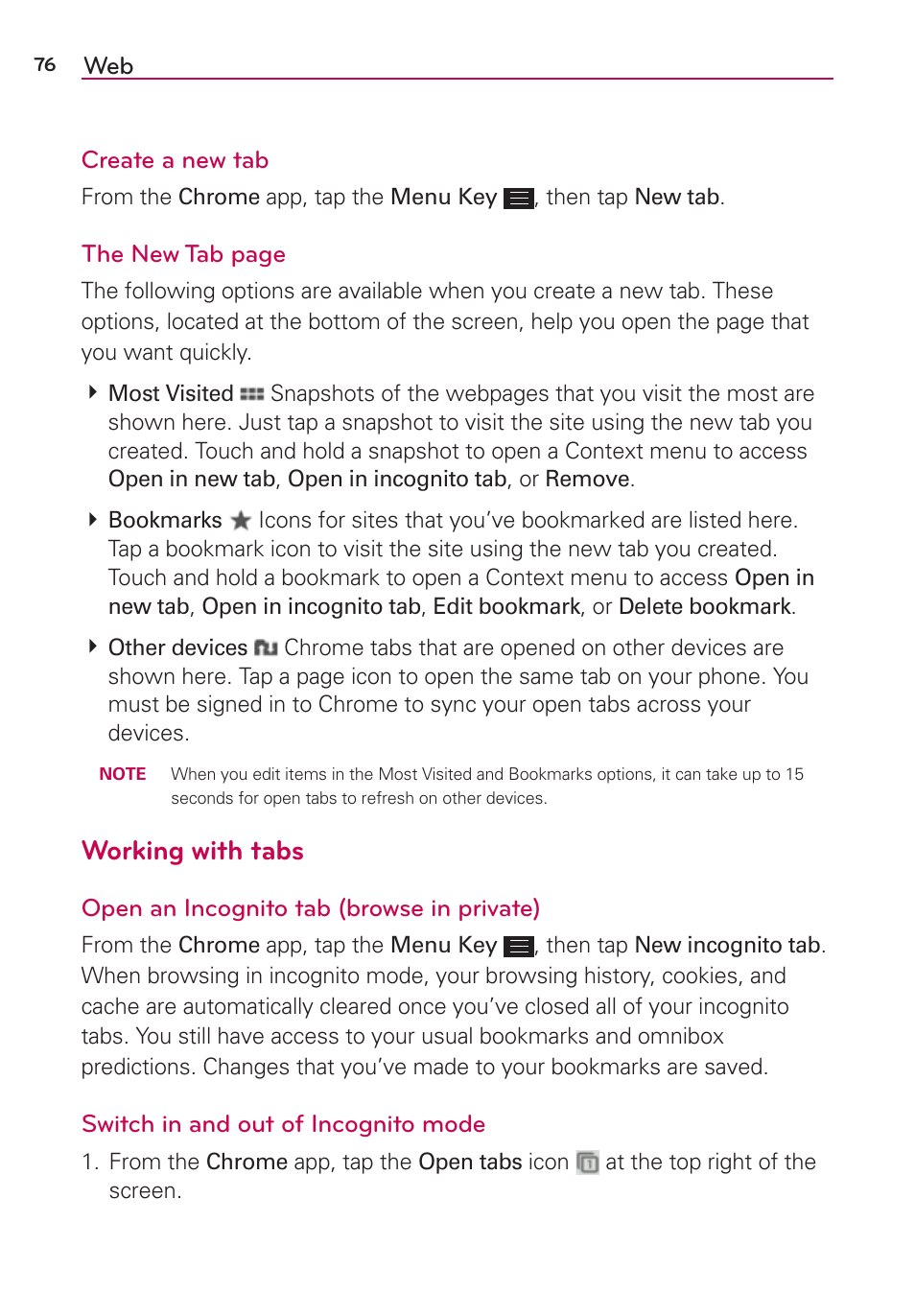 Working with tabs | LG LGAS876 User Manual | Page 76 / 218