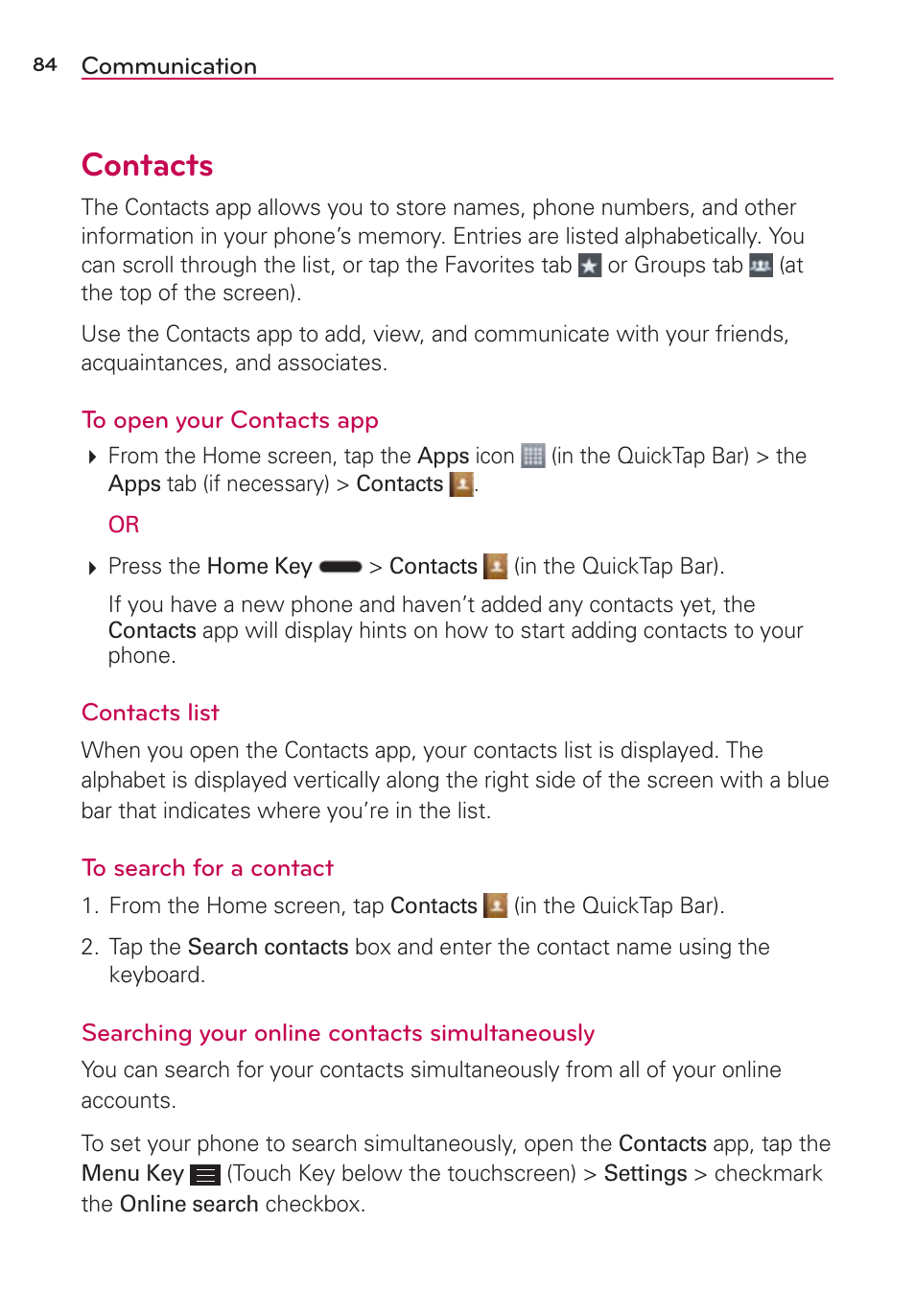 Communication, Contacts | LG LGAS876 User Manual | Page 84 / 218