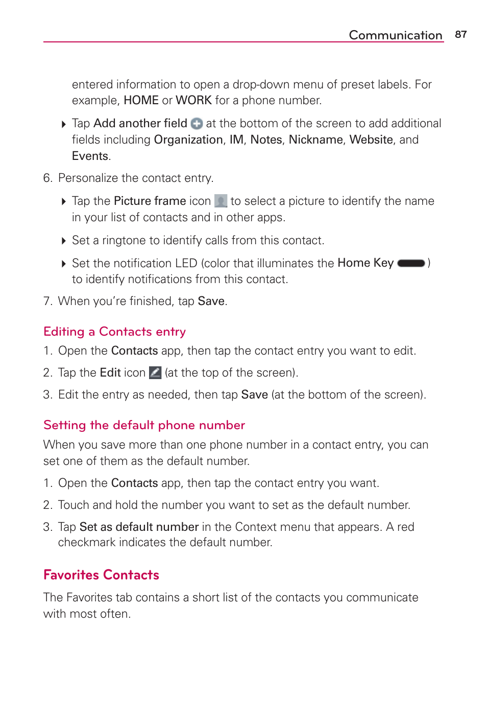 Favorites contacts | LG LGAS876 User Manual | Page 87 / 218