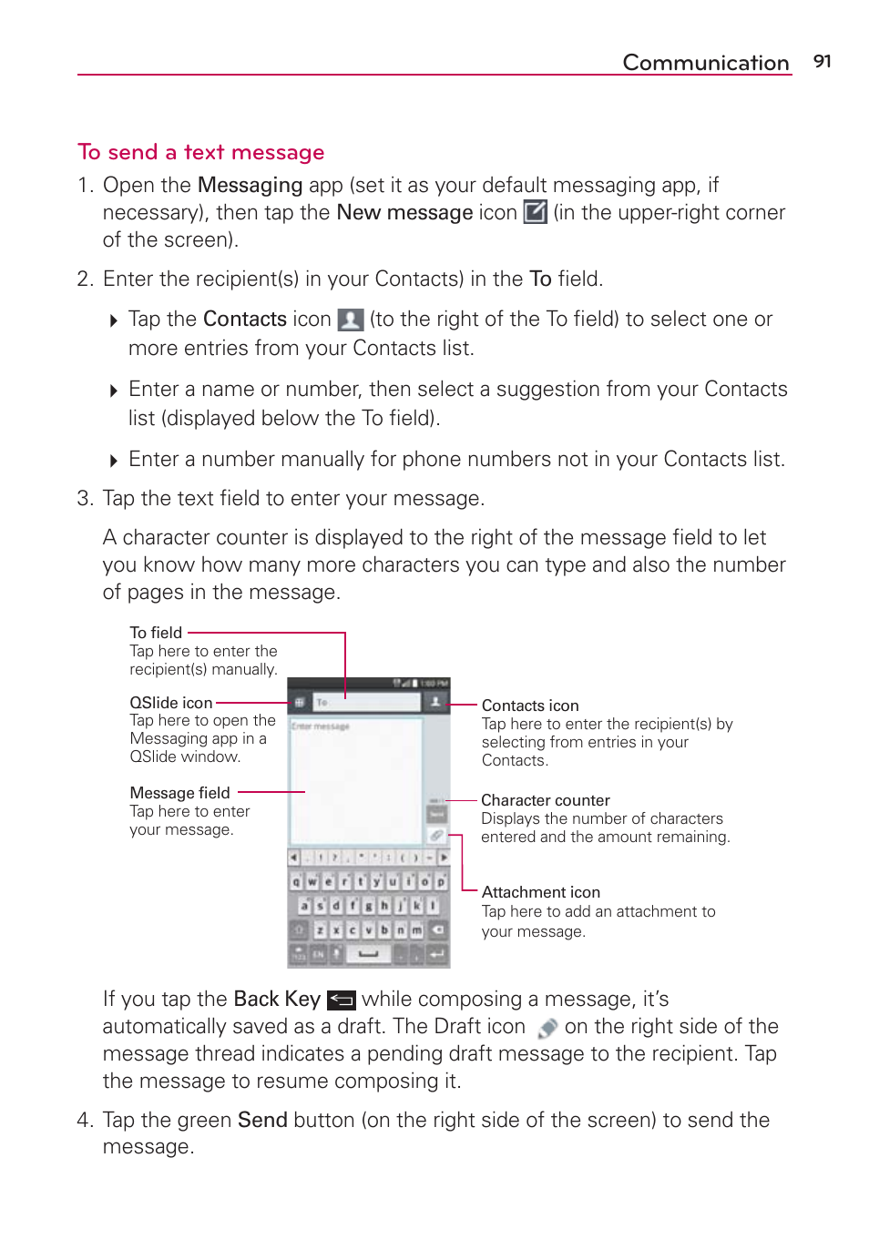 Communication to send a text message | LG LGAS876 User Manual | Page 91 / 218