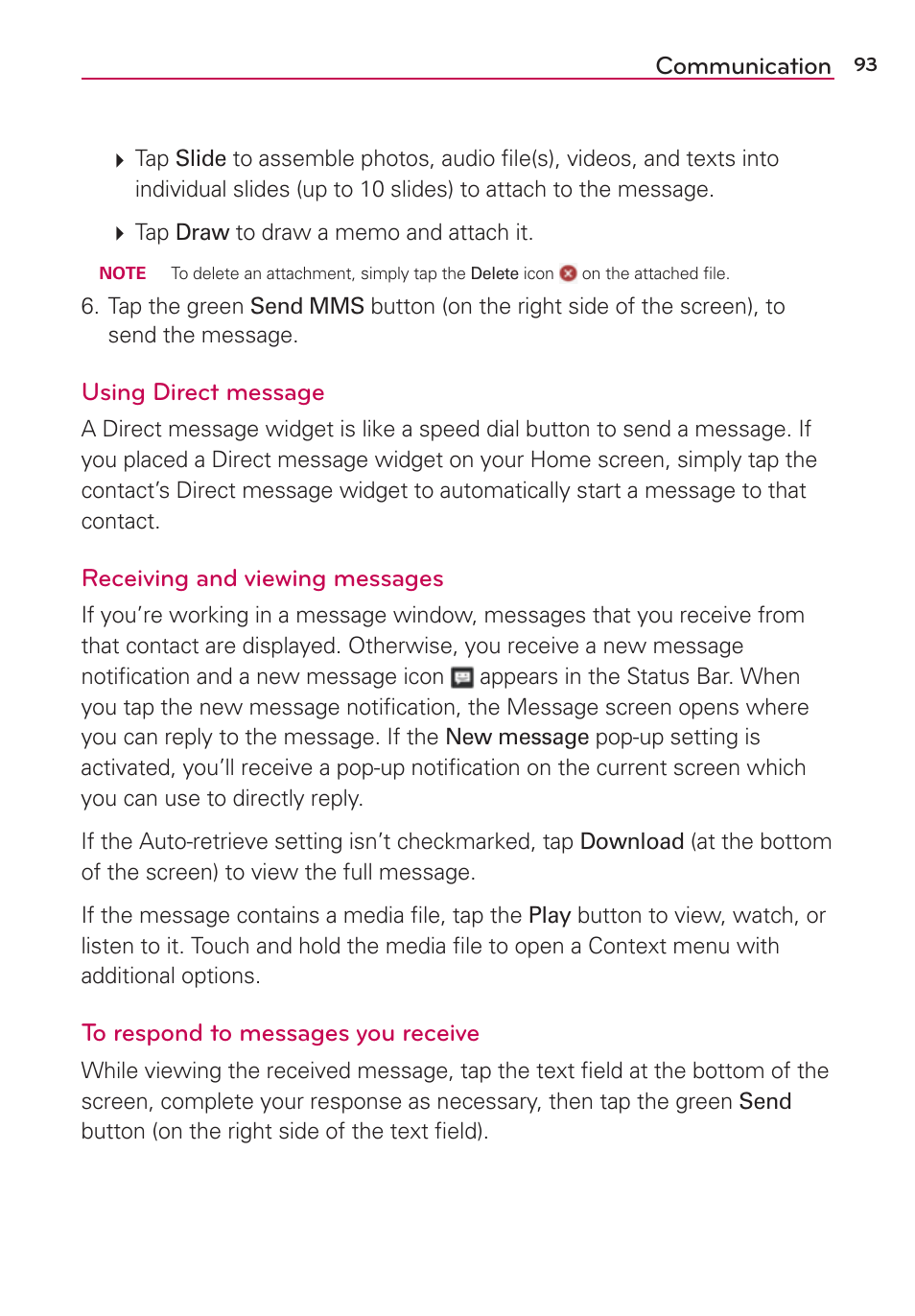 Communication, Using direct message, Receiving and viewing messages | LG LGAS876 User Manual | Page 93 / 218