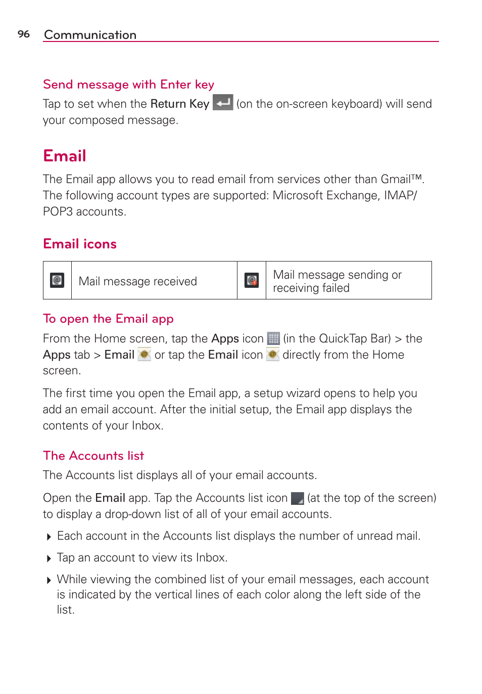 Email, Email icons | LG LGAS876 User Manual | Page 96 / 218