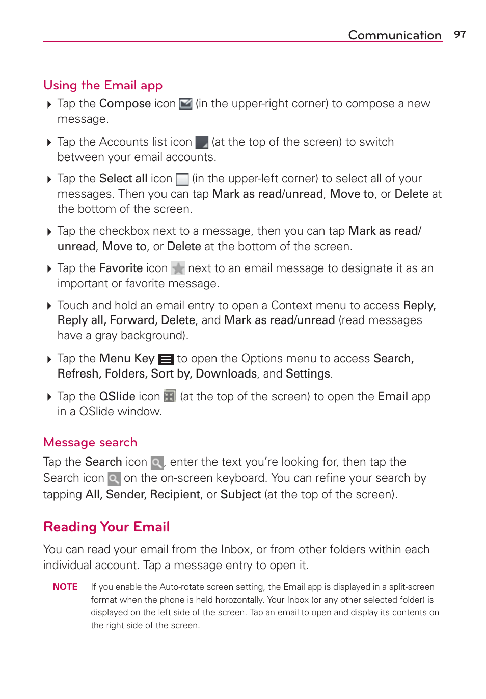 Reading your email, Communication using the email app, Message search | LG LGAS876 User Manual | Page 97 / 218