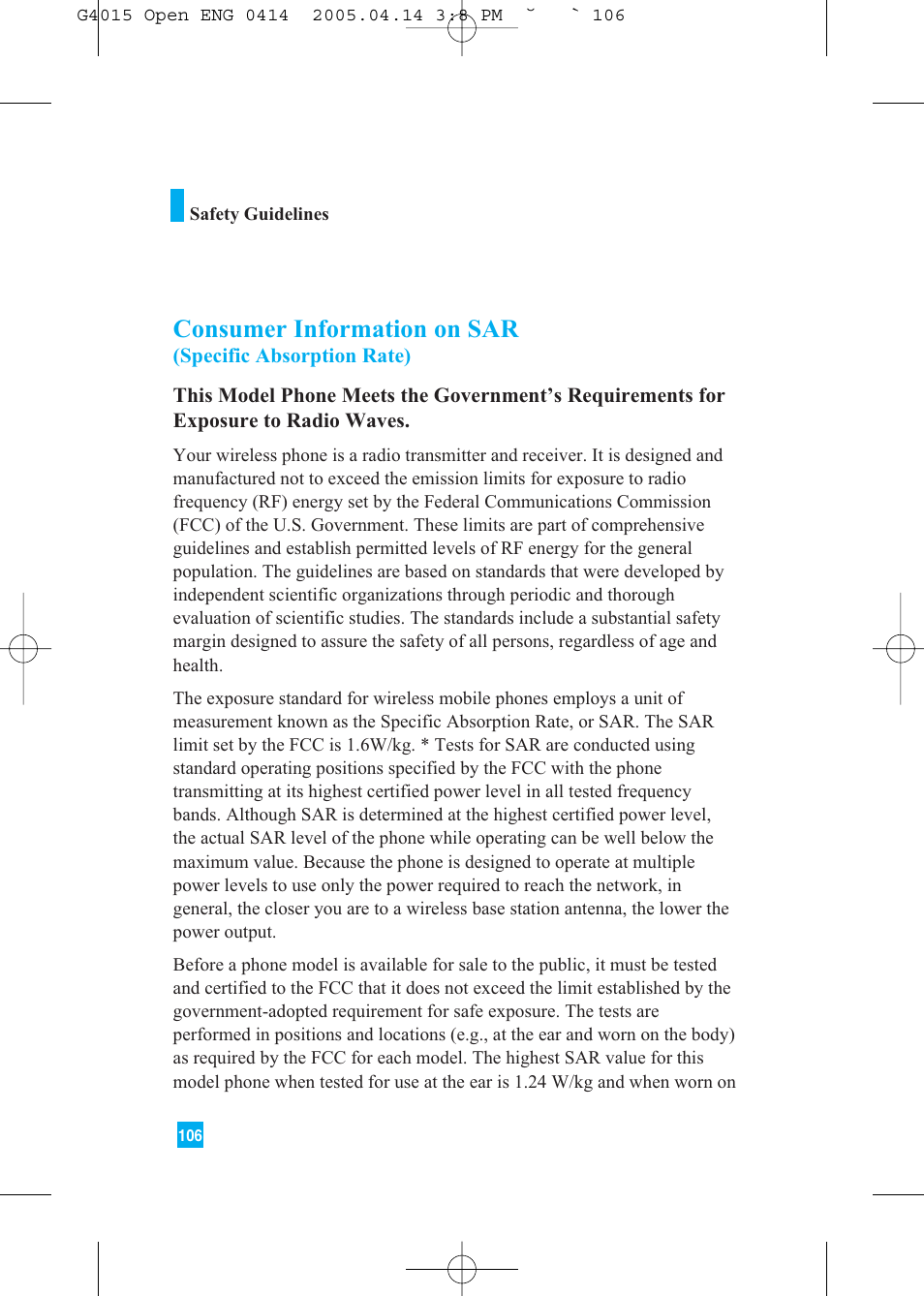 Consumer information on sar | LG G4015 User Manual | Page 106 / 228