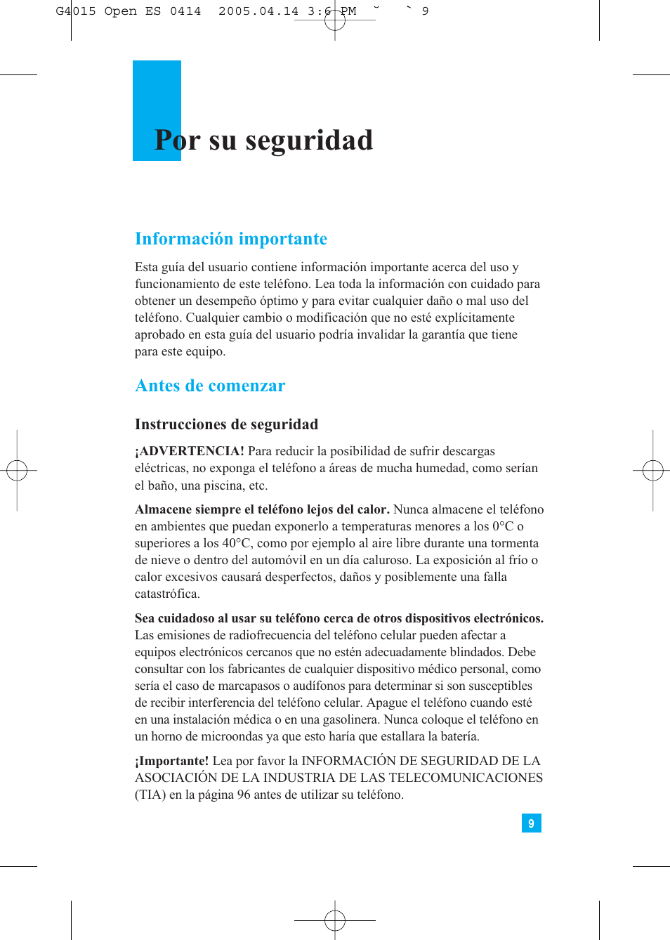 Por su seguridad, Información importante, Antes de comenzar | LG G4015 User Manual | Page 117 / 228