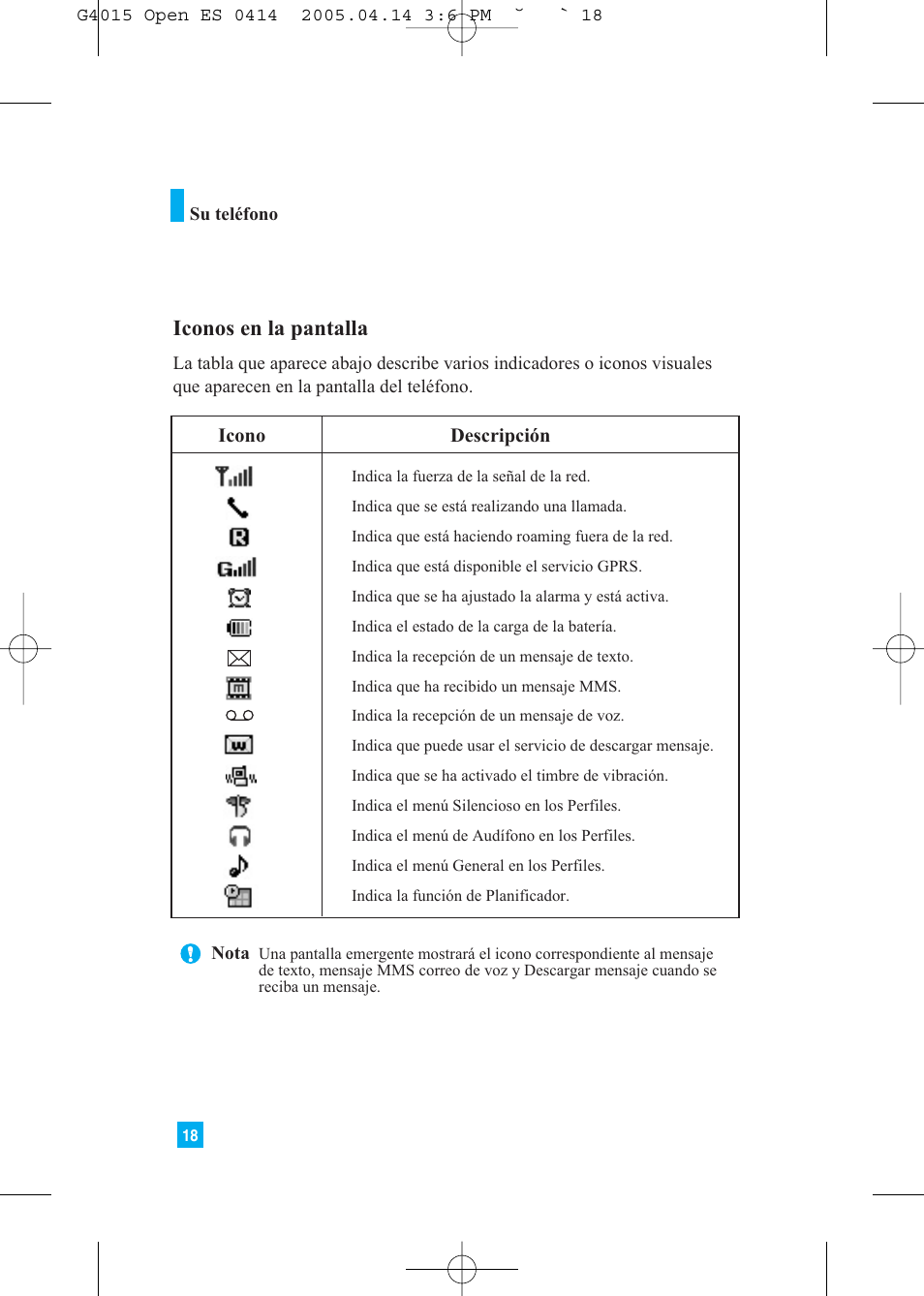 Iconos en la pantalla | LG G4015 User Manual | Page 126 / 228