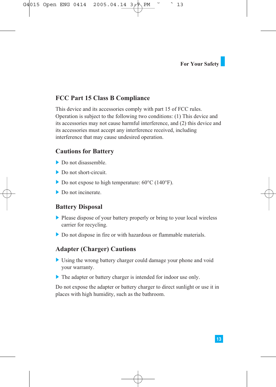 Fcc part 15 class b compliance, Cautions for battery, Battery disposal | Adapter (charger) cautions | LG G4015 User Manual | Page 13 / 228