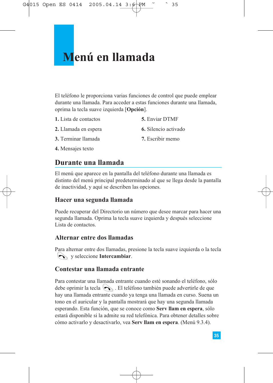 Menú en llamada, Durante una llamada | LG G4015 User Manual | Page 143 / 228