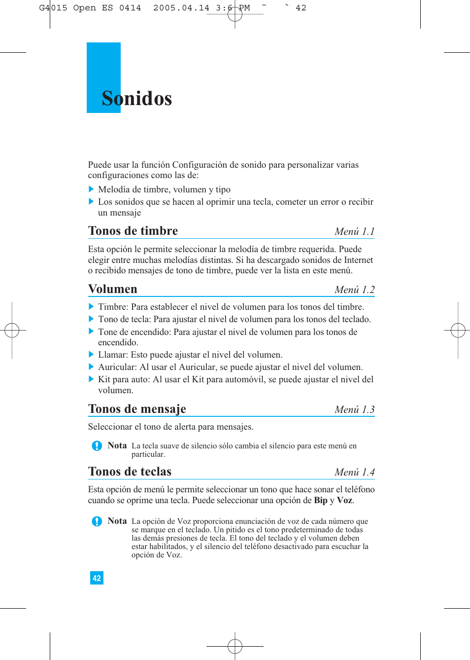 Sonidos, Tonos de timbre, Volumen | Tonos de mensaje, Tonos de teclas | LG G4015 User Manual | Page 150 / 228