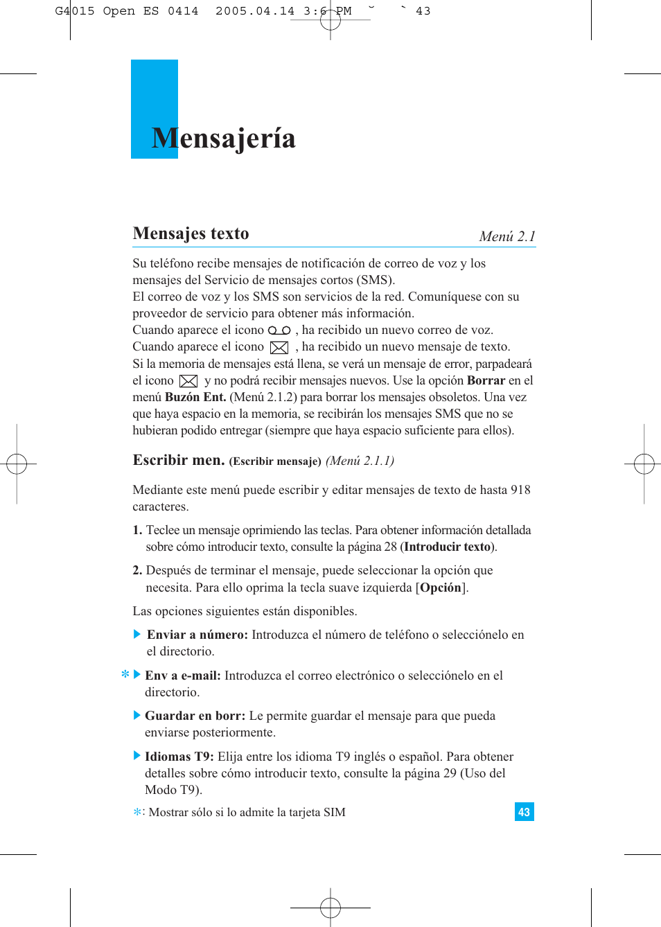 Mensajería, Mensajes texto | LG G4015 User Manual | Page 151 / 228