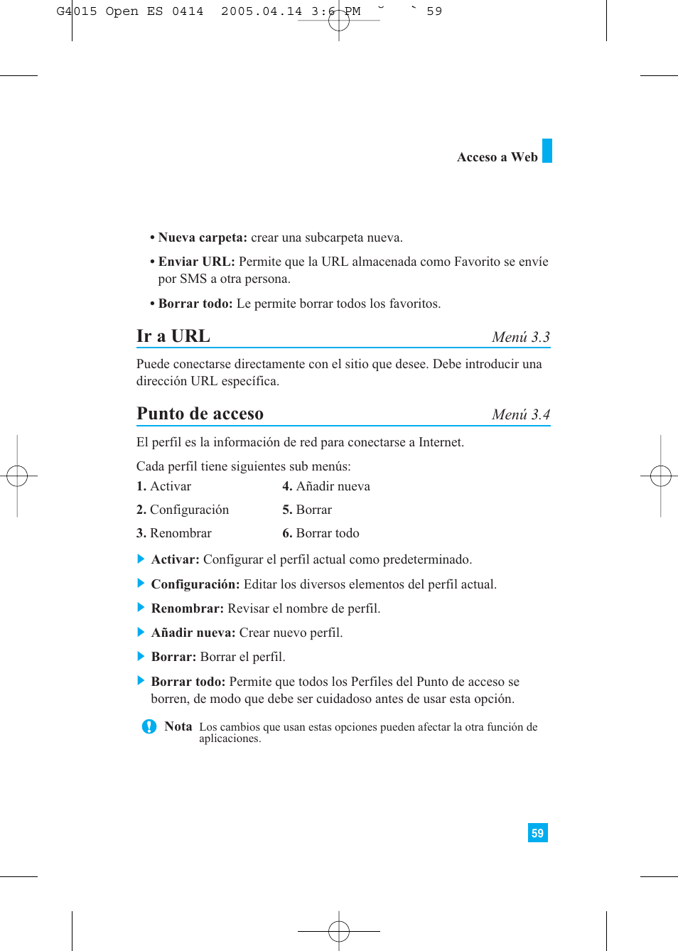 Ir a url, Punto de acceso | LG G4015 User Manual | Page 167 / 228