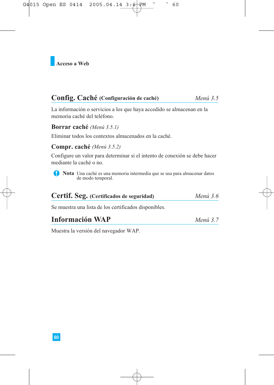 Config. caché, Certif. seg, Información wap | LG G4015 User Manual | Page 168 / 228