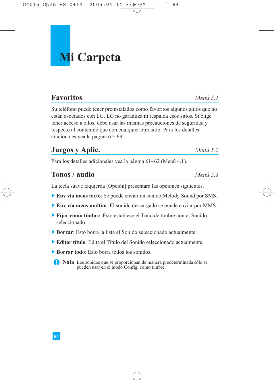 Mi carpeta, Favoritos, Juegos y aplic | Tonos / audio | LG G4015 User Manual | Page 172 / 228