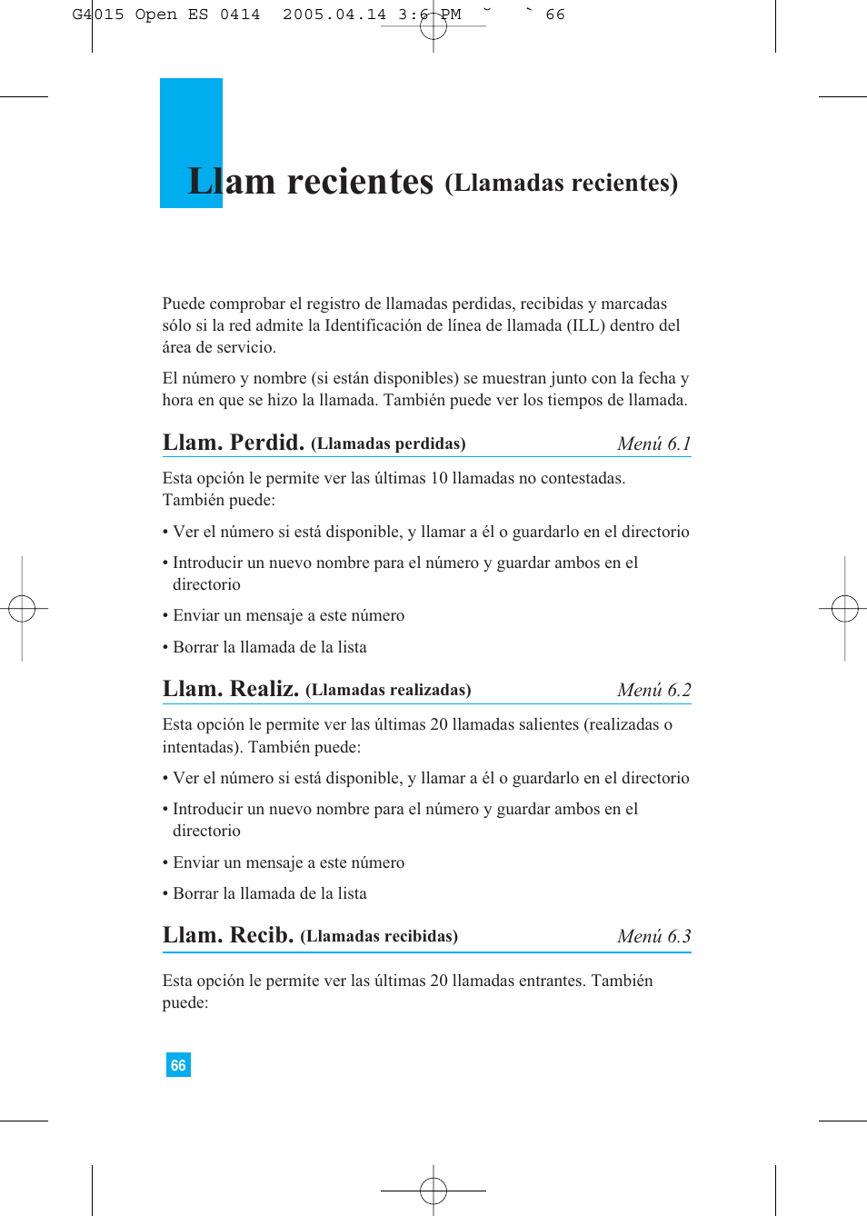 Llam recientes, Llamadas recientes), Llam. perdid | Llam. realiz, Llam. recib | LG G4015 User Manual | Page 174 / 228