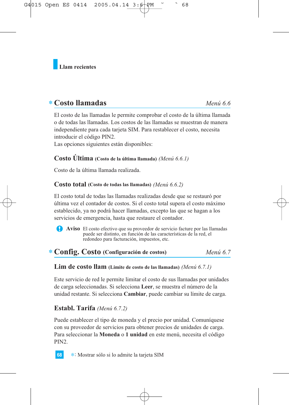 Costo llamadas, Config. costo | LG G4015 User Manual | Page 176 / 228