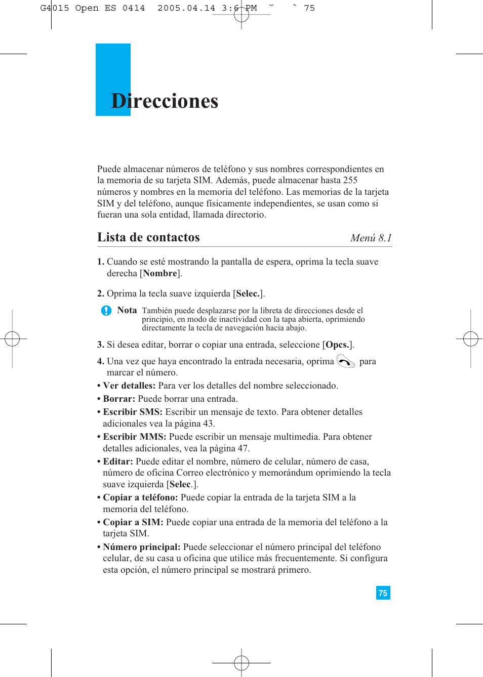 Direcciones, Lista de contactos | LG G4015 User Manual | Page 183 / 228