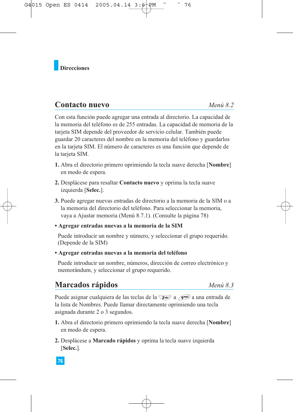 Contacto nuevo, Marcados rápidos | LG G4015 User Manual | Page 184 / 228