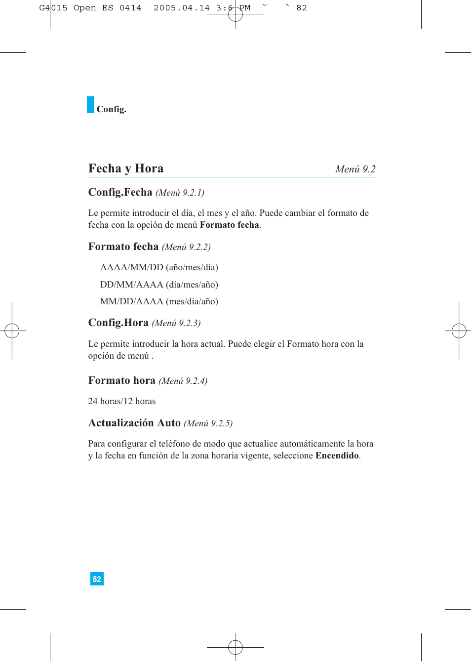 Fecha y hora | LG G4015 User Manual | Page 190 / 228