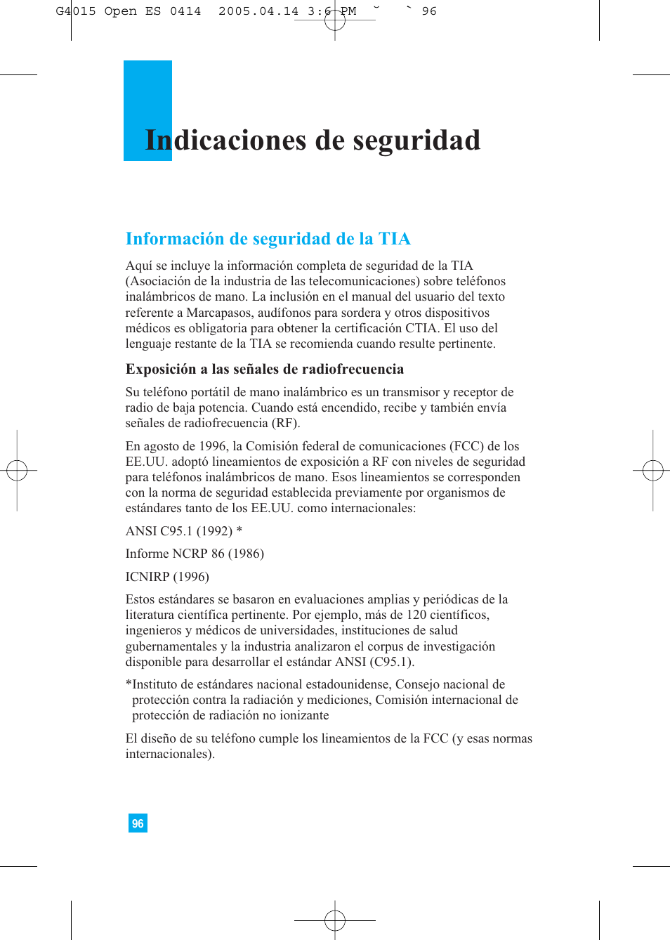 Indicaciones de seguridad, Información de seguridad de la tia | LG G4015 User Manual | Page 204 / 228