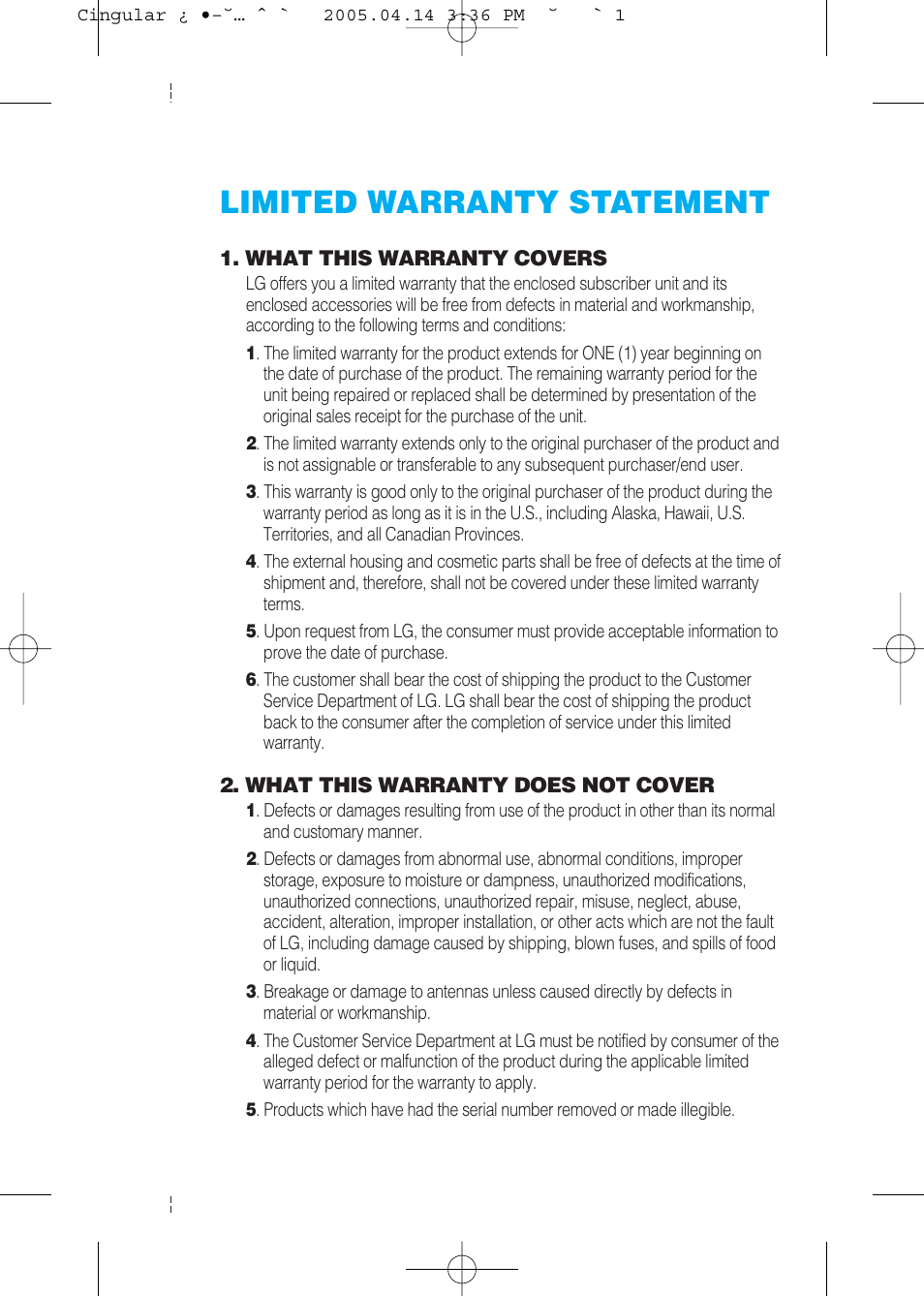 Limited warranty statement | LG G4015 User Manual | Page 225 / 228