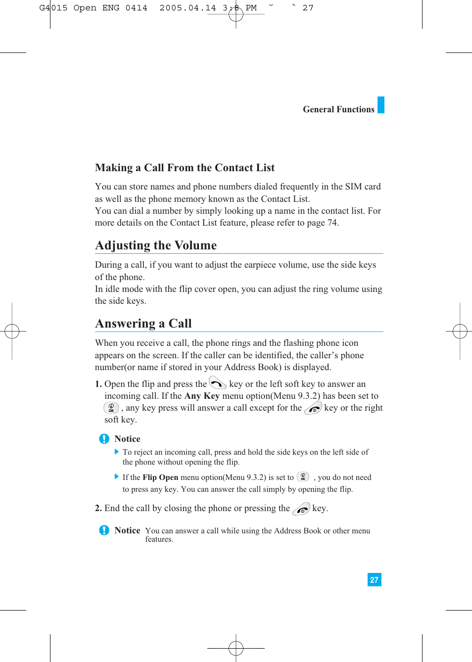 Adjusting the volume, Answering a call | LG G4015 User Manual | Page 27 / 228