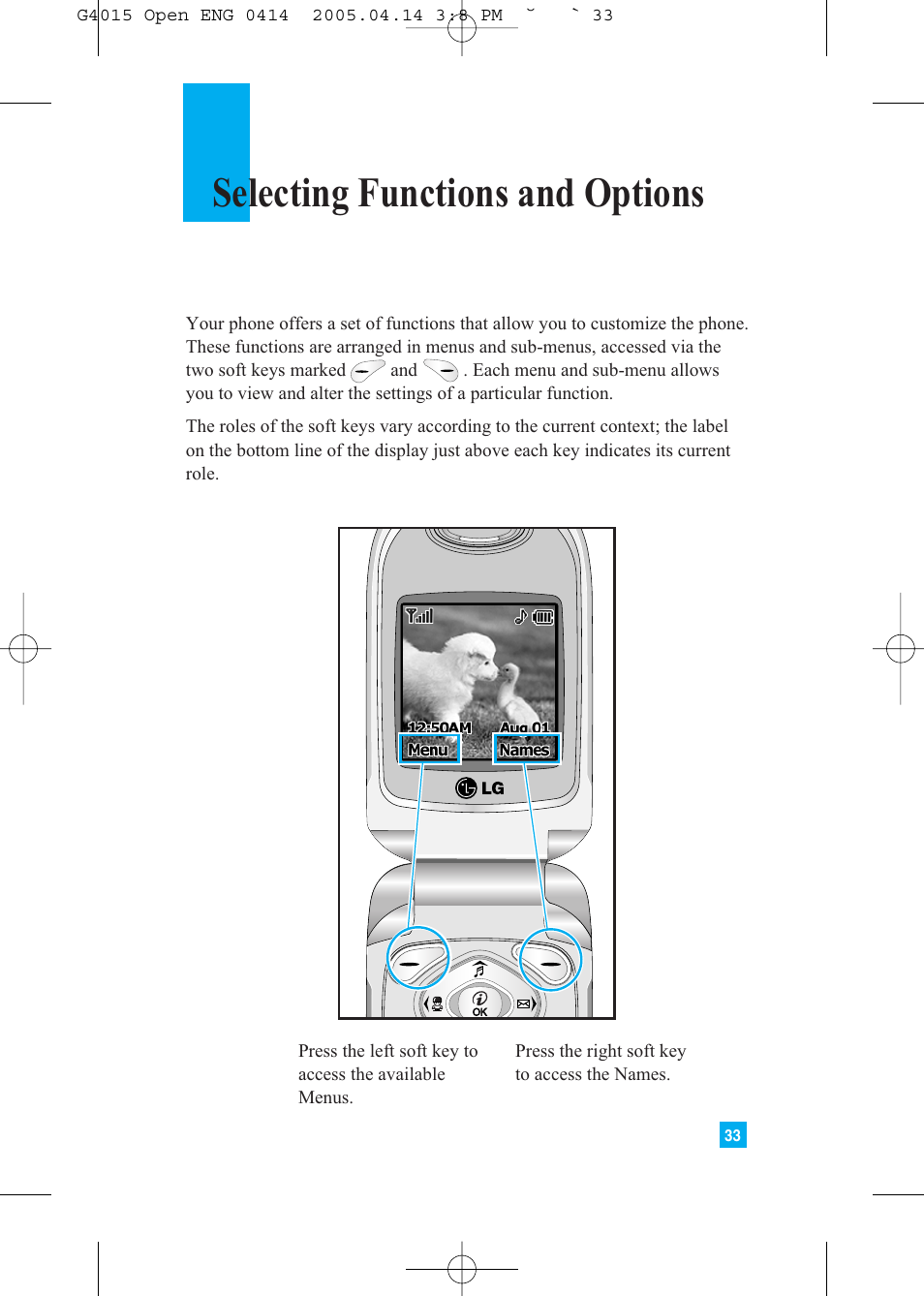 Selecting functions and options | LG G4015 User Manual | Page 33 / 228