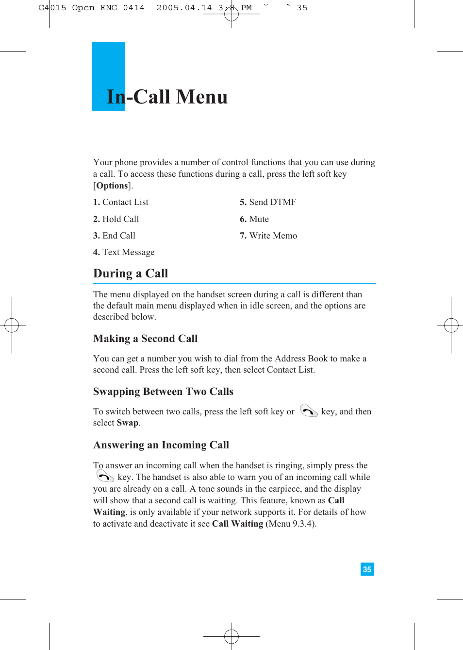 In-call menu, During a call | LG G4015 User Manual | Page 35 / 228
