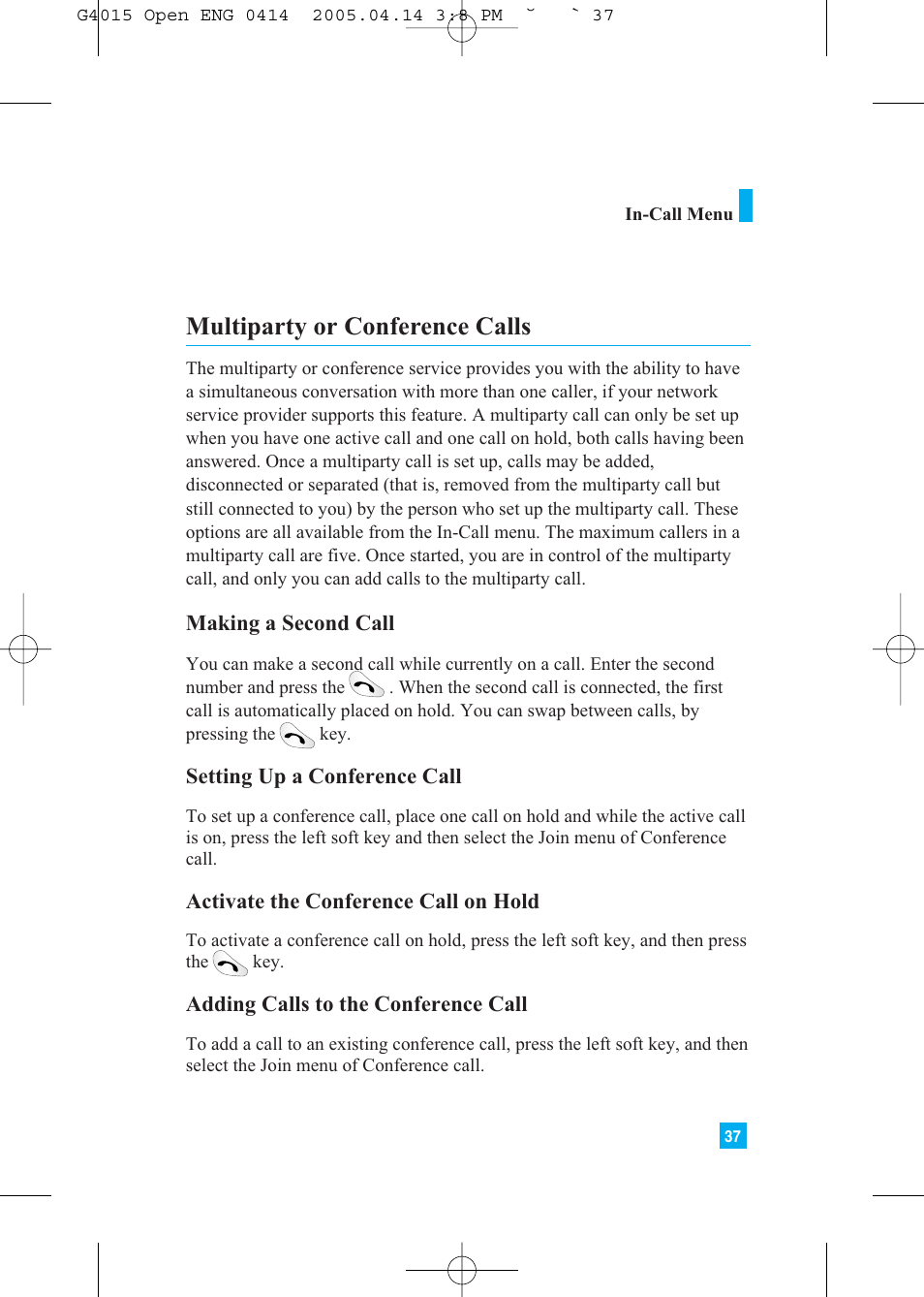 Multiparty or conference calls | LG G4015 User Manual | Page 37 / 228