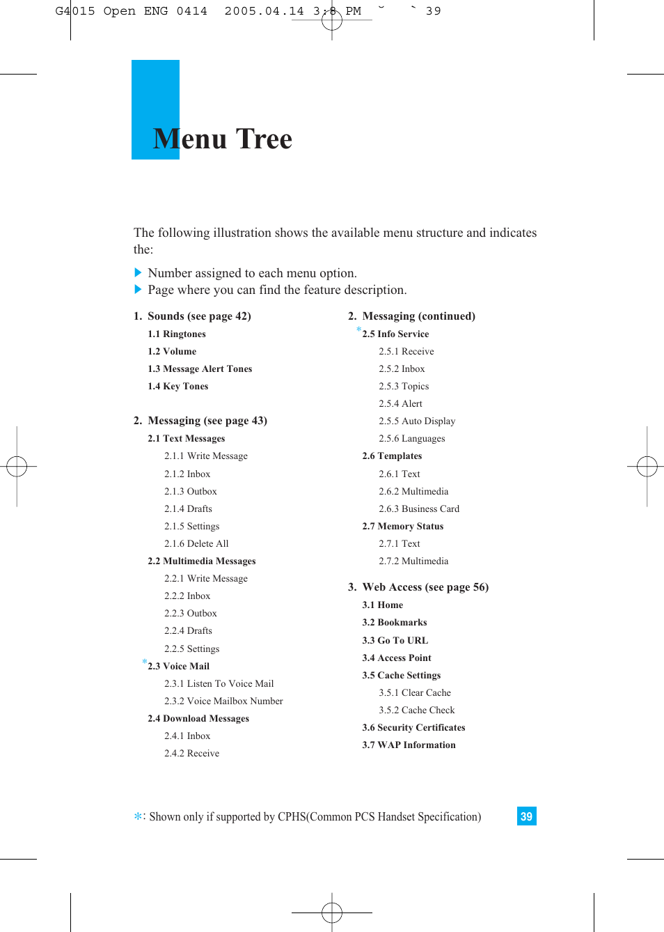 Menu tree, Number assigned to each menu option, Page where you can find the feature description | LG G4015 User Manual | Page 39 / 228