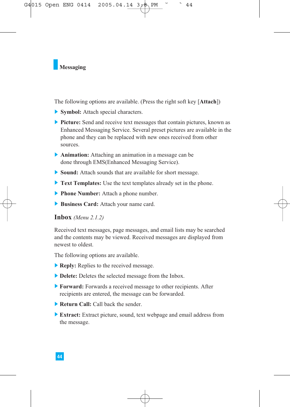 Inbox | LG G4015 User Manual | Page 44 / 228