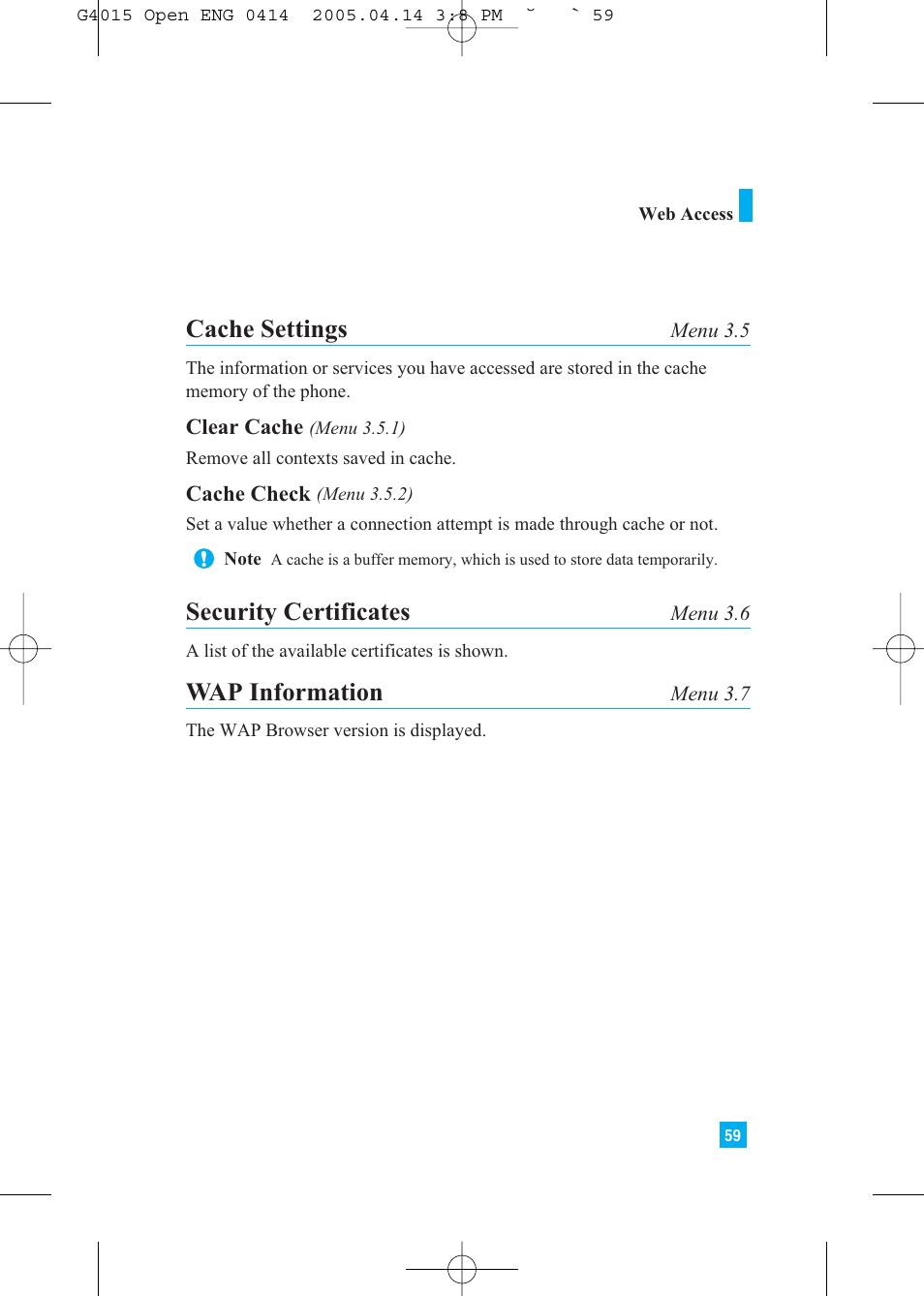 Cache settings, Security certificates, Wap information | LG G4015 User Manual | Page 59 / 228