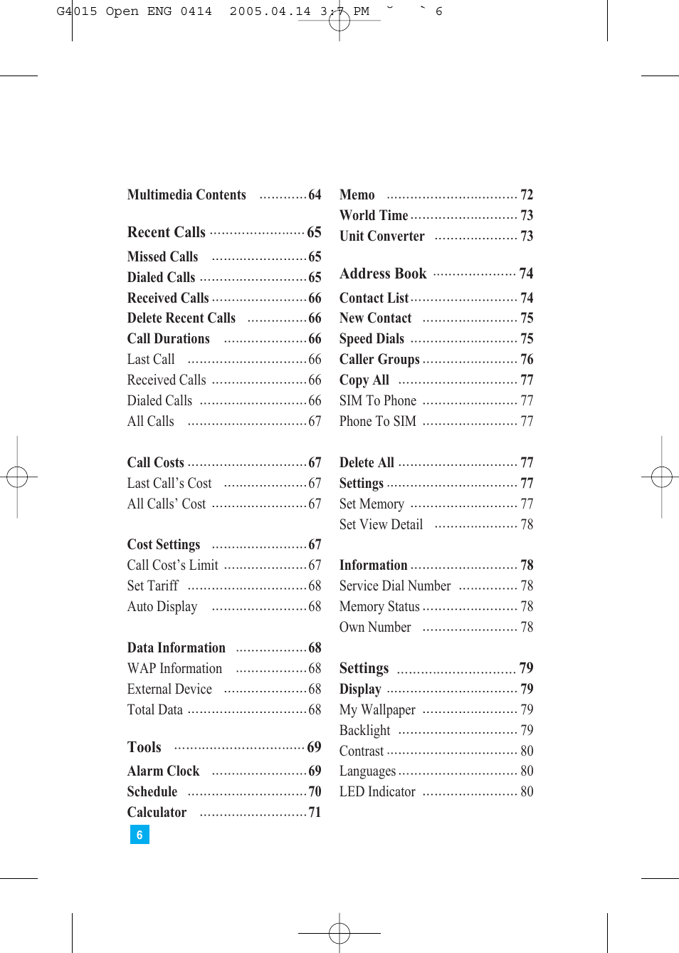 LG G4015 User Manual | Page 6 / 228