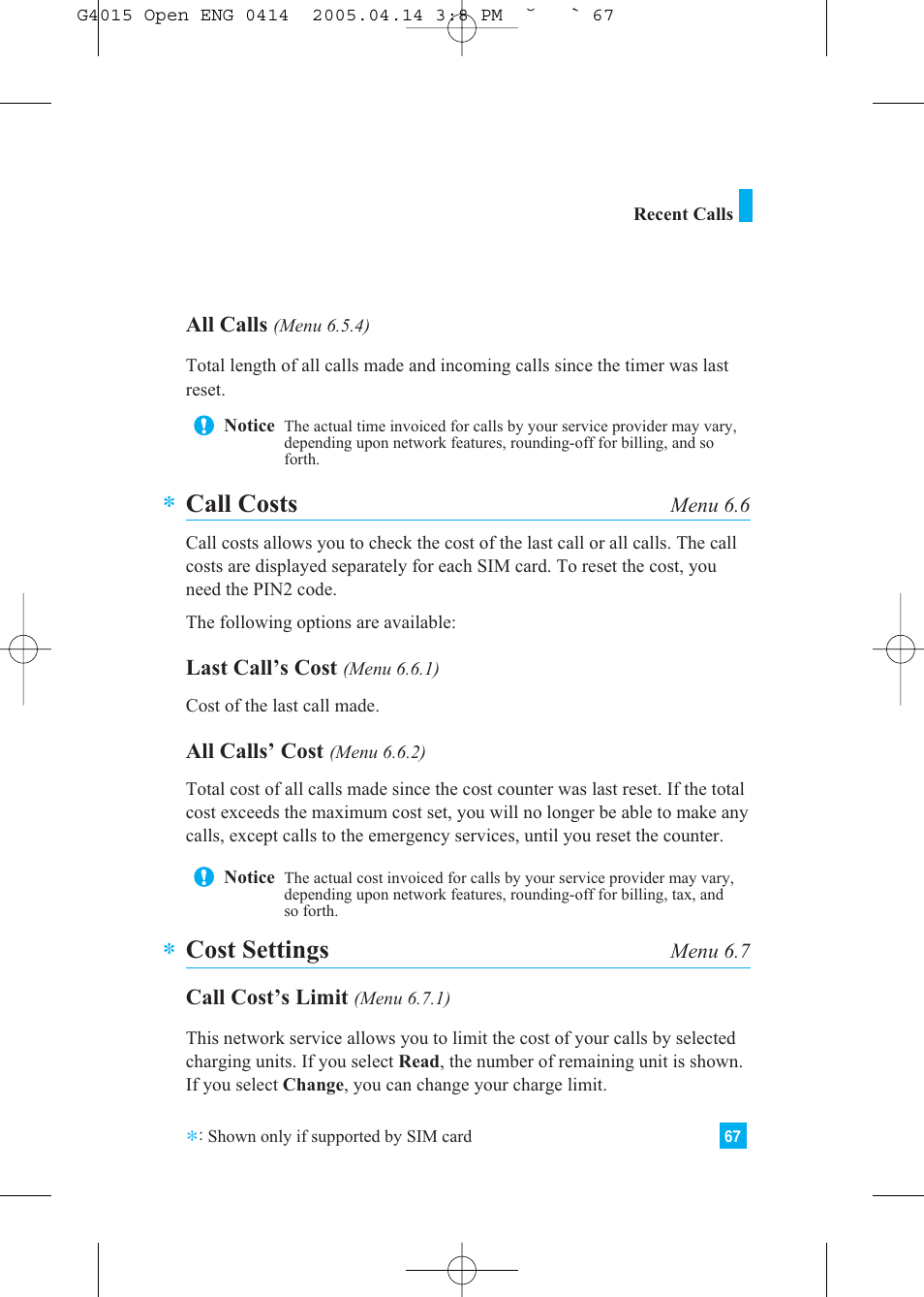 Call costs, Cost settings | LG G4015 User Manual | Page 67 / 228