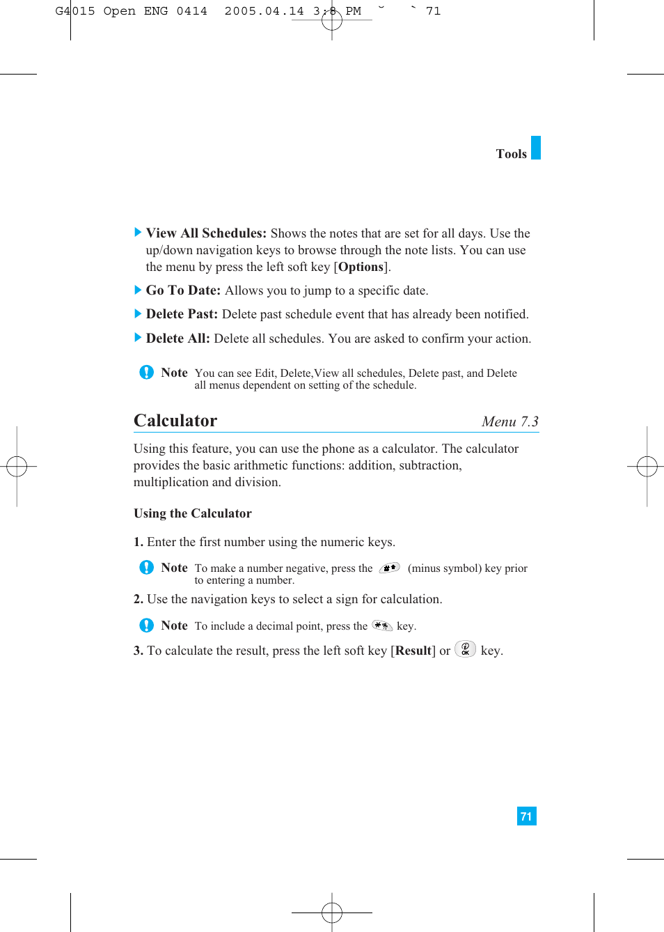 Calculator | LG G4015 User Manual | Page 71 / 228