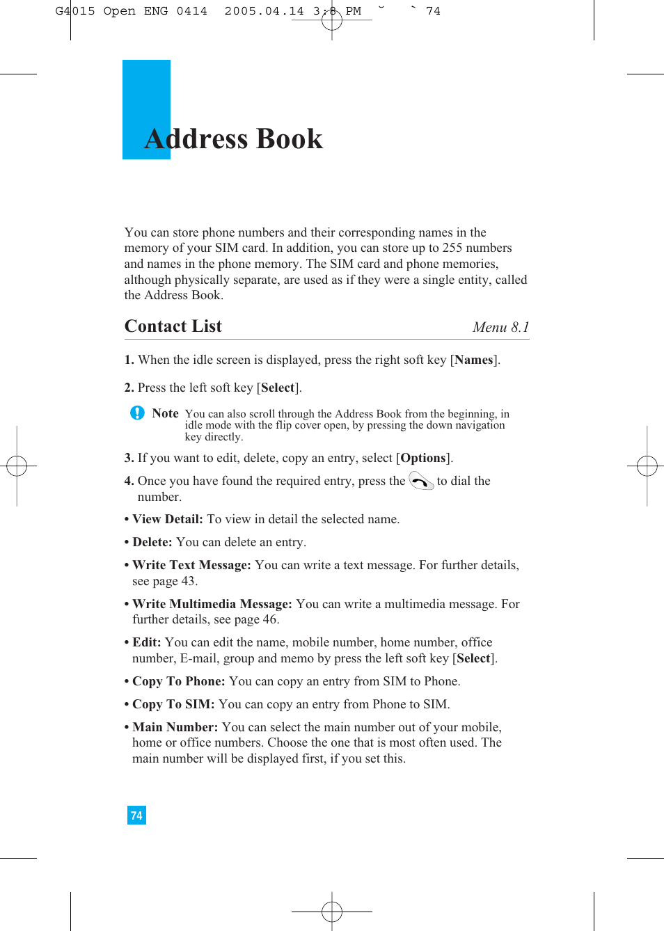 Address book, Contact list | LG G4015 User Manual | Page 74 / 228