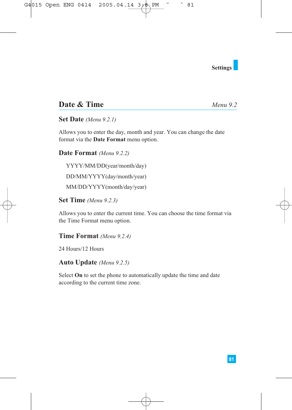 Date & time | LG G4015 User Manual | Page 81 / 228