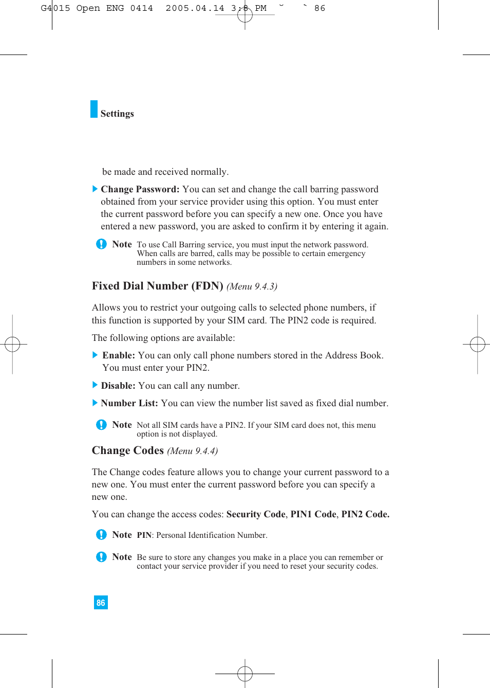 Fixed dial number (fdn), Change codes | LG G4015 User Manual | Page 86 / 228