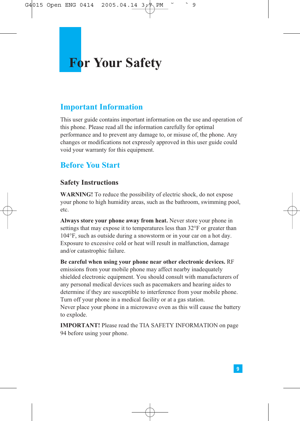 For your safety, Important information, Before you start | LG G4015 User Manual | Page 9 / 228