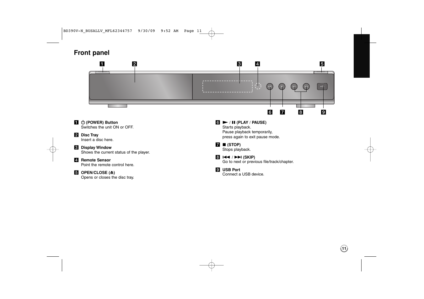 Front panel | LG BD390 User Manual | Page 11 / 76